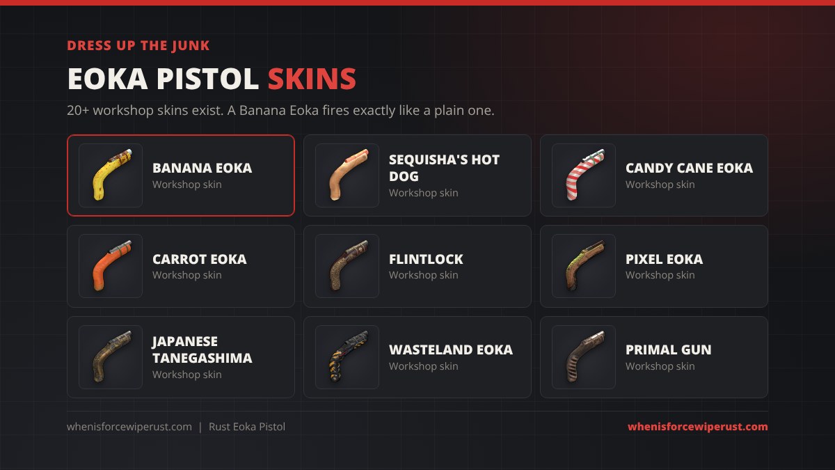 Rust Eoka Pistol skins: Banana Eoka, Sequisha's Hot Dog, Candy Cane, Carrot, Flintlock, Pixel Eoka, Japanese Tanegashima, Wasteland Eoka and Primal Gun, all cosmetic only