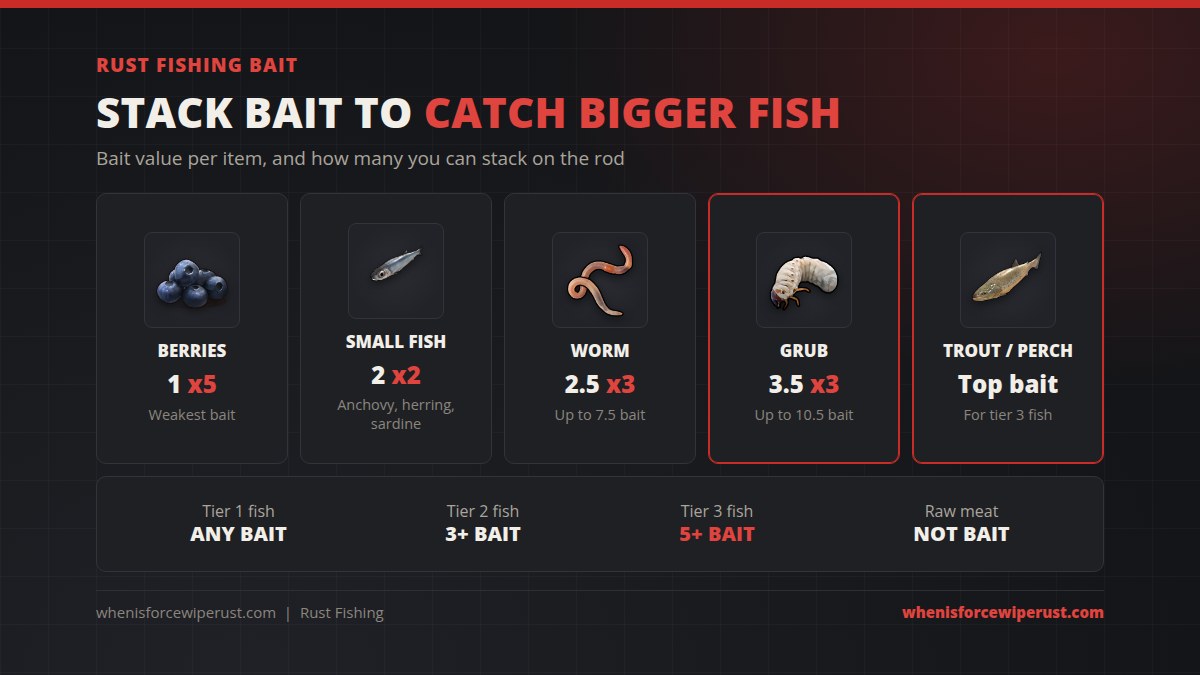 Rust fishing bait values: berries 1 stacking 5 times, anchovy herring and sardine 2 stacking twice, worm 2.5 stacking 3 times, grub 3.5 stacking 3 times, and small trout or yellow perch as top bait for tier 3 fish. Tier 2 needs 3 bait, tier 3 needs 5