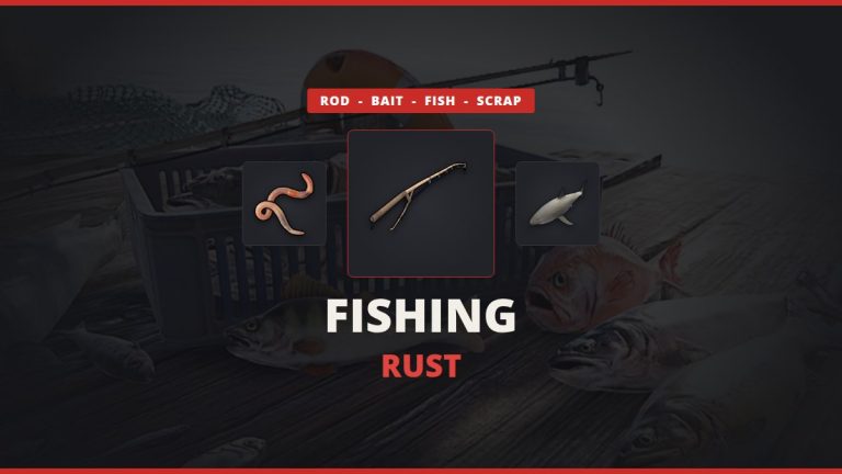 Rust fishing guide featured image: Handmade Fishing Rod between a worm and a small shark over an in-game catch of fish on a dock