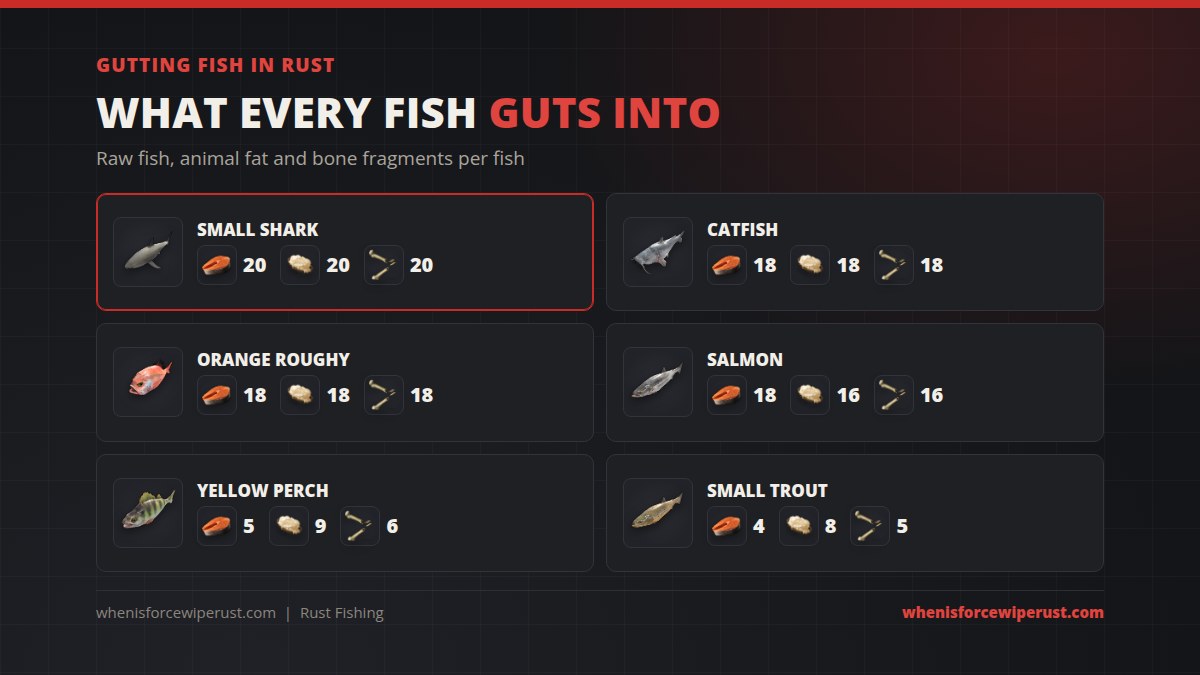 Rust fish gutting yields: small shark 20 raw fish, 20 animal fat and 20 bone fragments; catfish and orange roughy 18 of each; salmon 18 raw fish, 16 fat and 16 bone; yellow perch 5 raw fish, 9 fat and 6 bone; small trout 4 raw fish, 8 fat and 5 bone