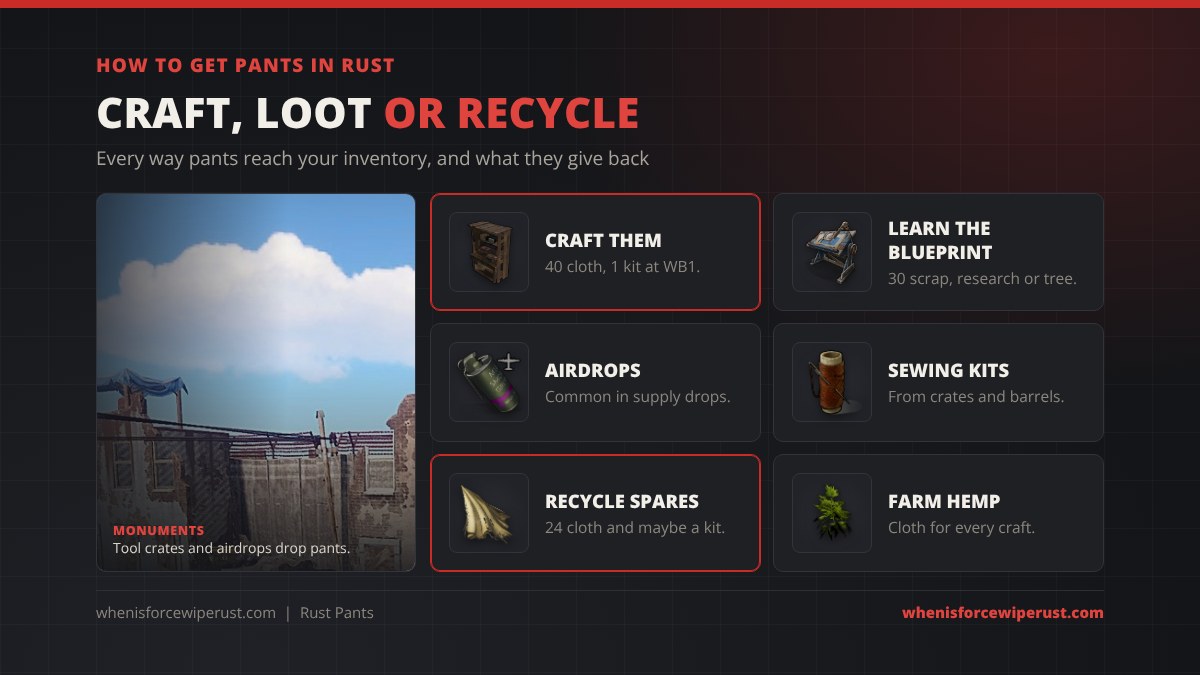 How to get pants in Rust: craft them for 40 cloth and 1 sewing kit at Workbench 1, learn the blueprint for 30 scrap, find them in airdrops and tool crates, get sewing kits from crates and barrels, recycle spares for 24 cloth and maybe a sewing kit, and farm hemp for cloth