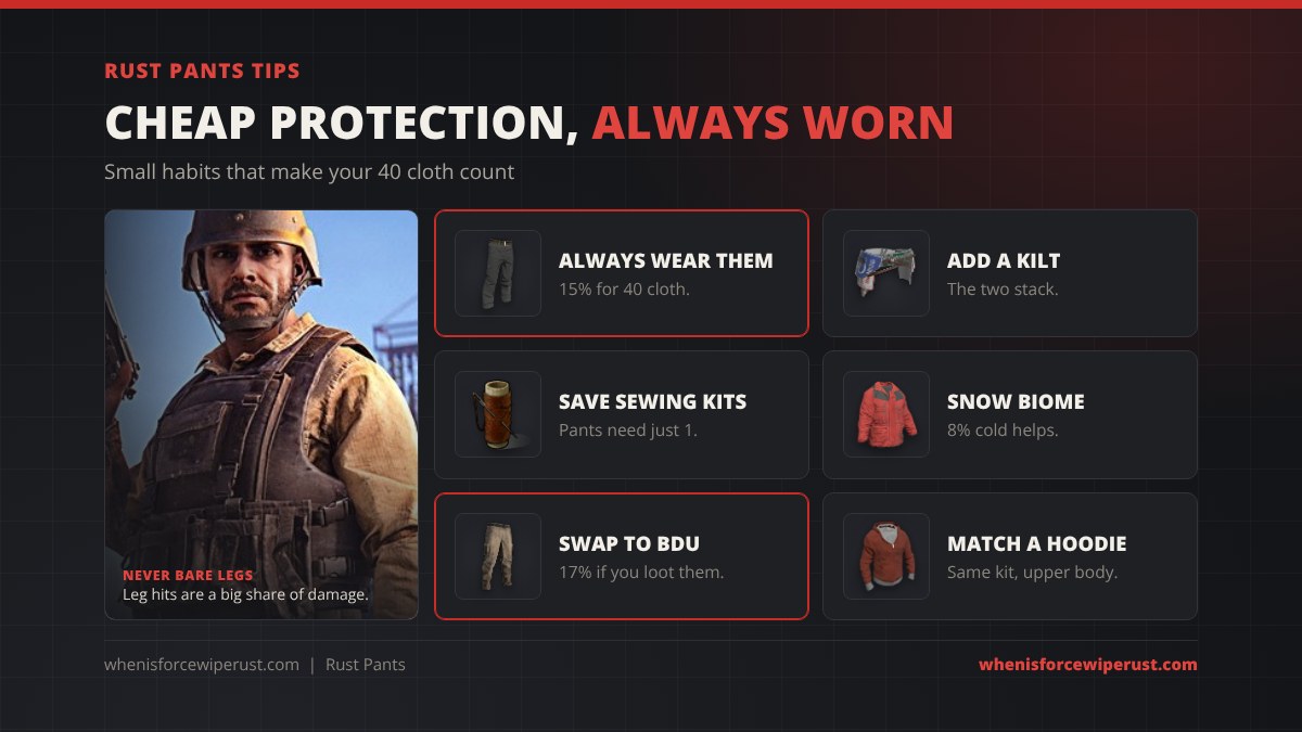 Rust pants tips: always wear them for 15% protection at 40 cloth, add a Road Sign Kilt because the two stack, save sewing kits since pants need only one, use the 8% cold in the snow biome, swap to BDU pants for 17% if you loot them, and match them with a hoodie