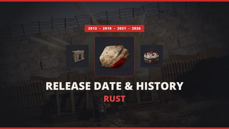 Rust release date and history featured image: the Rust rock between a Legacy wood shelter and the birthday cake over official Rust raid art
