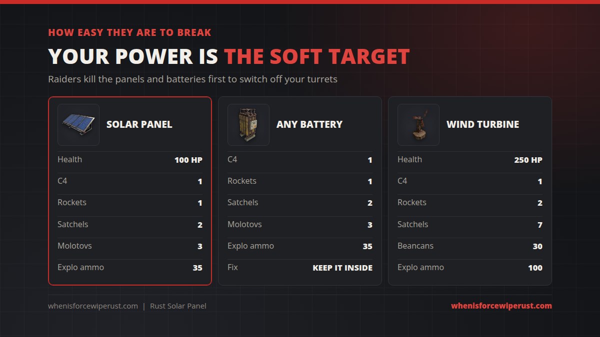 Rust solar panel raid cost: 100 HP, 1 C4, 1 rocket, 2 satchels, 3 molotovs or 35 explosive ammo; batteries take the same; wind turbine 250 HP, 1 C4, 2 rockets, 7 satchels, 100 explosive ammo