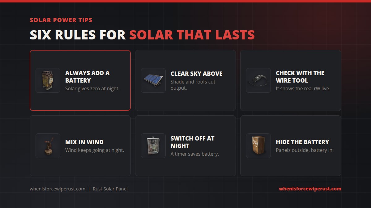 Rust solar power tips: always add a battery, keep a clear sky above the panels, check output with the wire tool, mix in a wind turbine, switch devices off at night with a timer, hide the battery inside