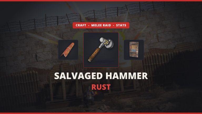 Salvaged Hammer Rust featured image: the Salvaged Hammer between a metal pipe and a sheet metal door over a real in-game raid