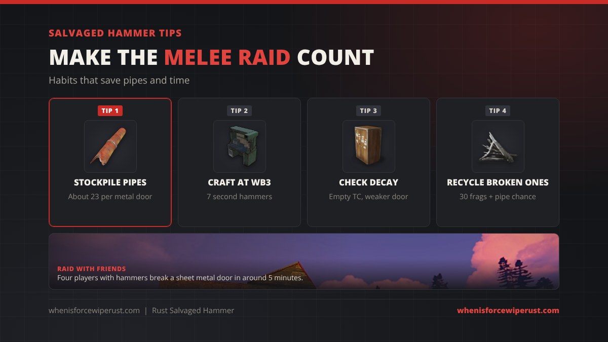 Salvaged Hammer tips in Rust: stockpile metal pipes, raid with friends, check the base decay first and recycle broken hammers for fragments