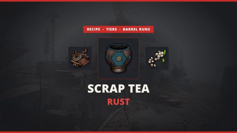 Scrap Tea Rust featured image: Pure Scrap Tea between scrap and White Berries over a real in-game road