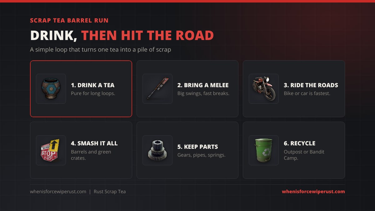 Scrap Tea barrel run in Rust: drink a tea, bring a two-handed melee weapon such as a salvaged cleaver, ride the roads on a motorbike or in a car, smash every barrel and green crate, keep the gears, pipes and springs, then recycle at Outpost or Bandit Camp