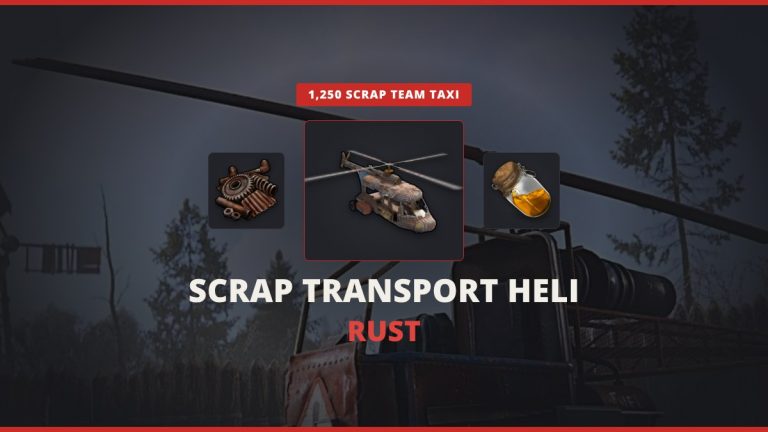 Scrap Transport Helicopter Rust featured image: the scrap heli between scrap and low grade fuel over the in-game Air Wolf helipad at Bandit Camp