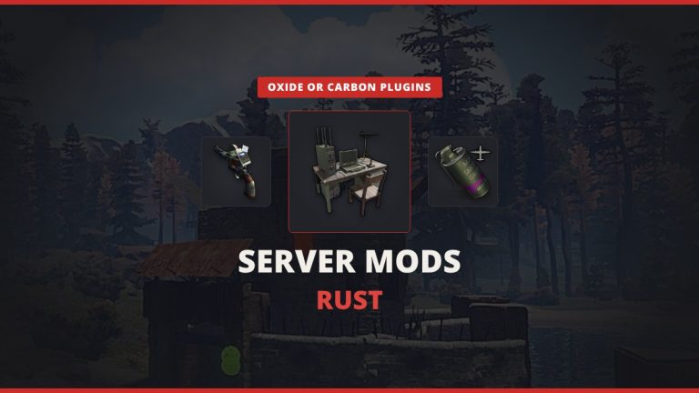 Rust server mods featured image: a Computer Station between a Gmod Tool Gun and a Supply Signal over a darkened Rust base, Oxide or Carbon plugins