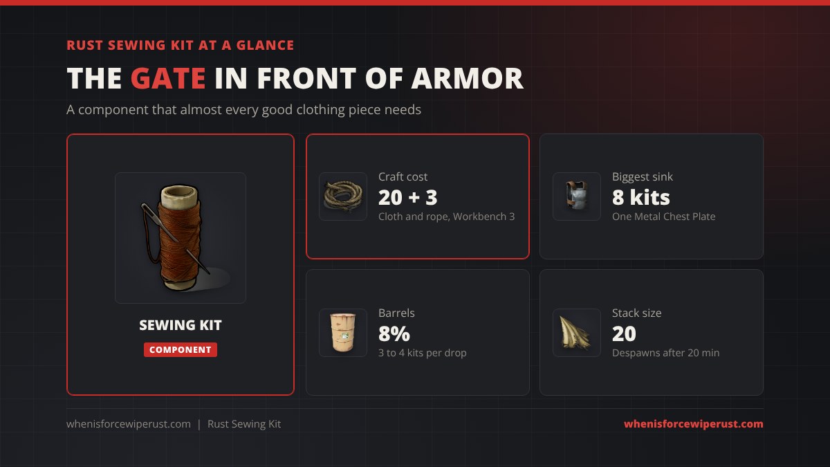 Rust sewing kit at a glance: crafted from 20 cloth and 3 rope at a Workbench Level 3, the Metal Chest Plate needs 8 kits, blue and yellow barrels drop 3 to 4 kits 8% of the time, stack size 20, despawns after 20 minutes