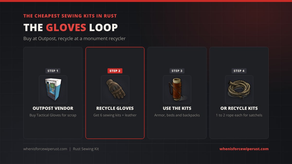 The Tactical Gloves loop for cheap sewing kits in Rust: buy Tactical Gloves at the Outpost vending machine for scrap, recycle them for 6 sewing kits and leather, use the kits for armor, beds and backpacks, or recycle the kits into 1 to 2 rope each