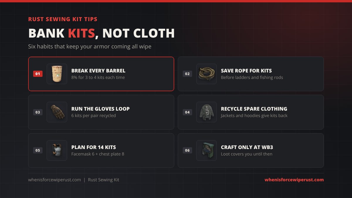 Rust sewing kit tips: break every barrel for an 8% chance at 3 to 4 kits, save rope for kits, run the Tactical Gloves loop for 6 kits per pair, recycle spare jackets and hoodies for kits, plan for 14 kits for a facemask and chest plate, and only craft kits at a Workbench 3