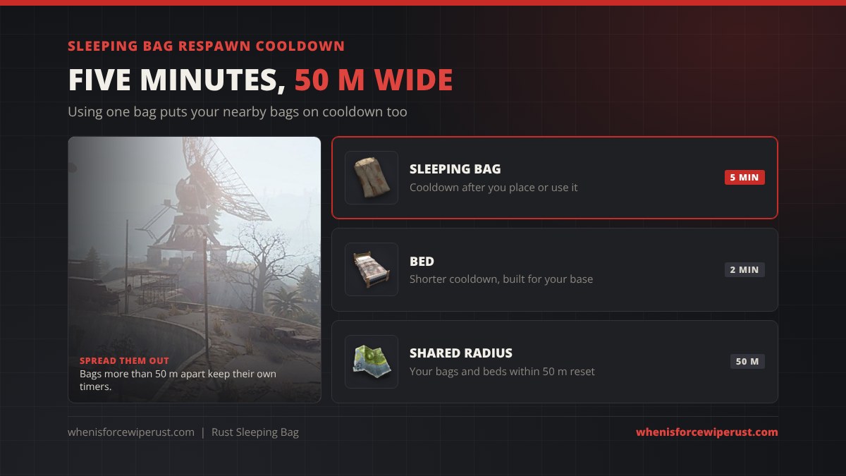 Rust sleeping bag respawn cooldown: a sleeping bag has a 5 minute cooldown after placing or using it, a bed has a 2 minute cooldown, and all your bags and beds within 50 metres reset together