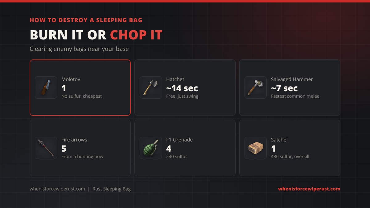 How to destroy a sleeping bag in Rust: 1 molotov, about 14 seconds with a hatchet, about 7 seconds with a salvaged hammer, 5 fire arrows, 4 F1 grenades or 1 satchel charge