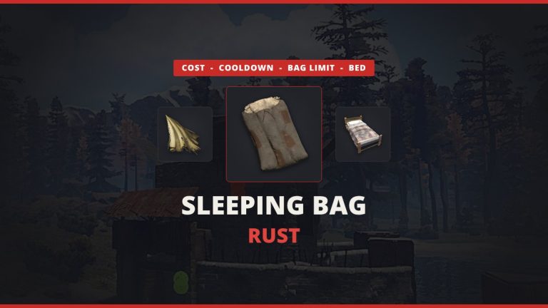 Rust sleeping bag featured image: the sleeping bag icon between cloth and a bed over a real in-game Rust starter base