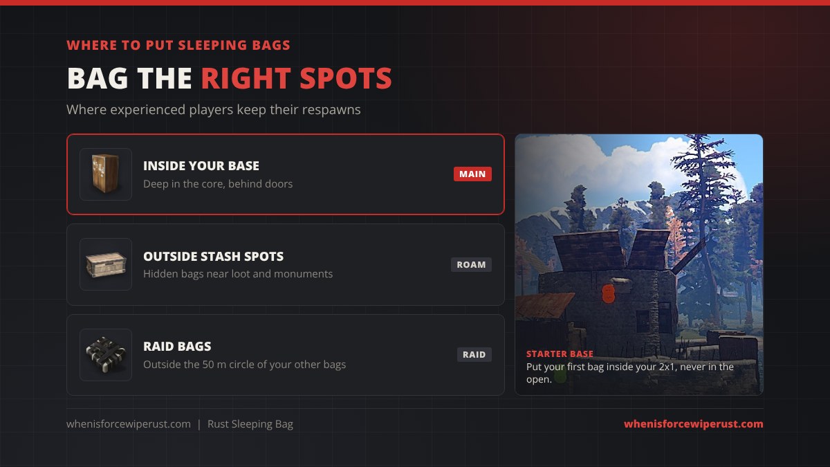 Where to put sleeping bags in Rust: inside your base core behind doors, at hidden stash spots near loot and monuments, and raid bags outside the 50 metre cooldown circle of your other bags