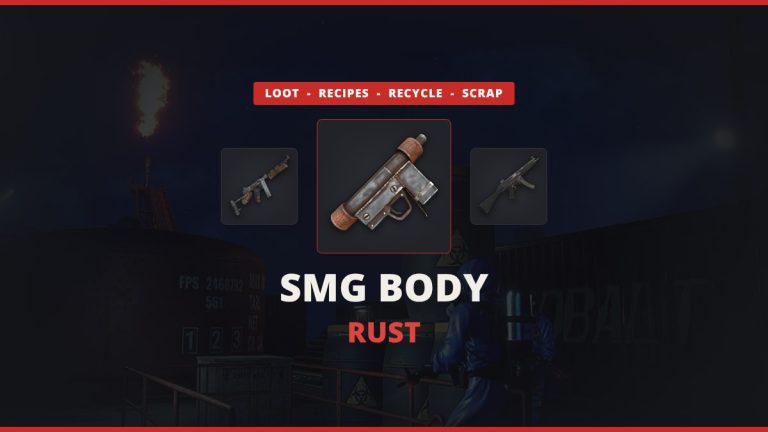 Rust SMG body featured image: the SMG body icon between the Thompson and the MP5A4 over a real in-game Rust scientist screenshot