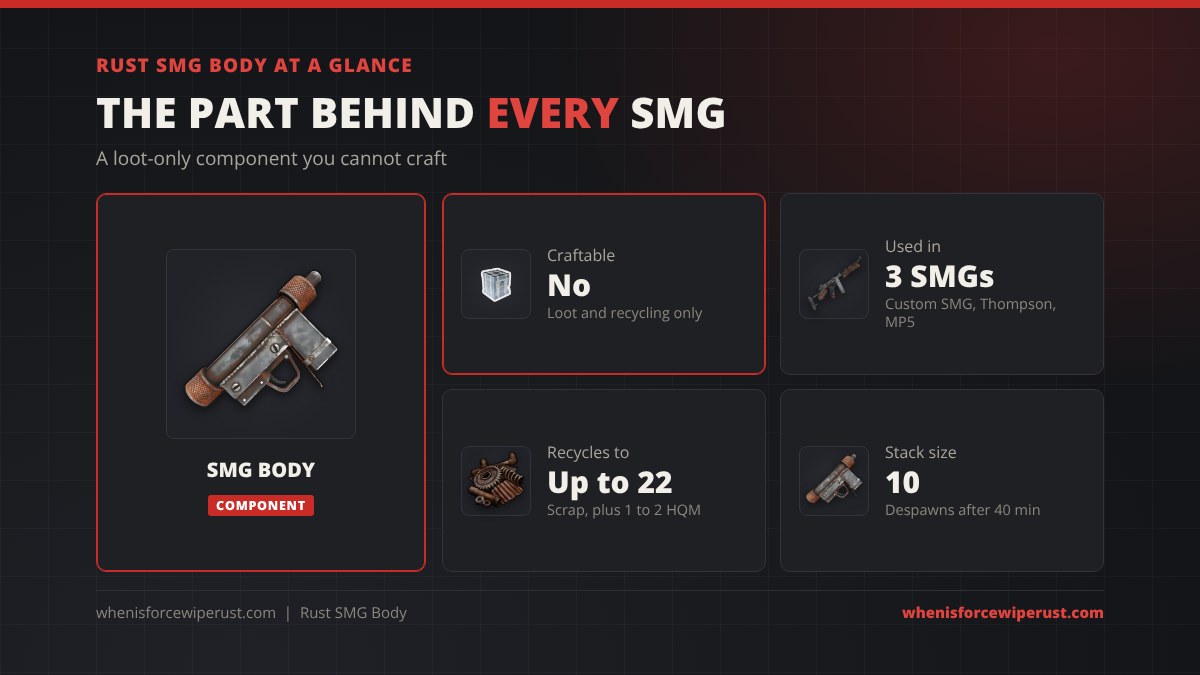Rust SMG body at a glance: a loot-only component that cannot be crafted, used in the Custom SMG, Thompson and MP5A4, recycles into up to 22 scrap plus 1 to 2 high quality metal, stack size 10, despawns after 40 minutes