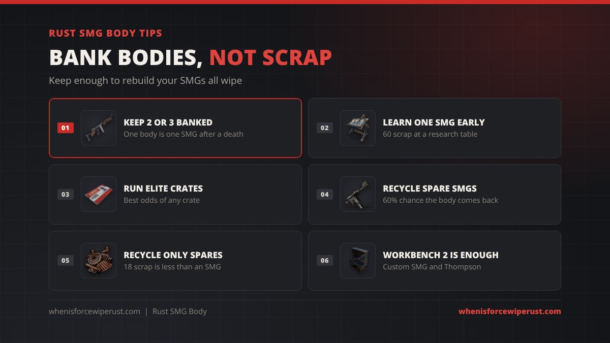 Rust SMG body tips: keep 2 or 3 banked, learn one SMG early for 60 scrap, run elite crates, recycle spare SMGs for a 60% chance at the body, recycle only spares, and a Workbench 2 is enough for the Custom SMG and Thompson