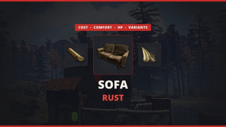 Rust sofa featured image: the sofa icon between wood and cloth over a real in-game Rust base