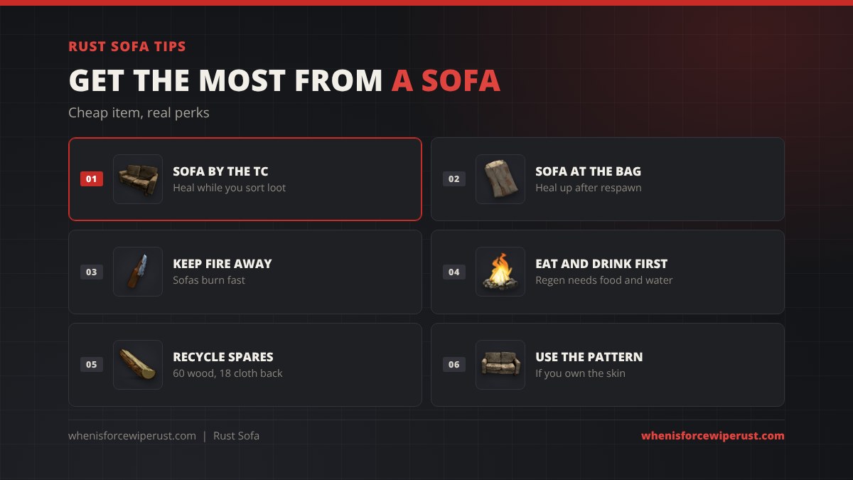 Rust sofa tips: put a sofa by the tool cupboard, put one near your sleeping bag, keep fire away, eat and drink first, recycle spare sofas for wood and cloth, and use the pattern sofa if you own the skin