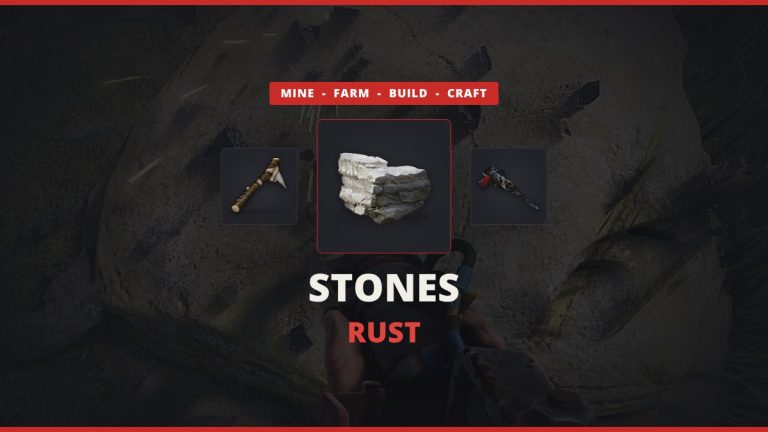 Rust stones featured image: the stones icon between a stone pickaxe and a jackhammer over a real in-game stone node being mined