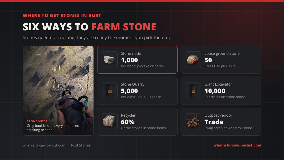 Where to get stones in Rust: a stone node gives 1,000 stones with a pickaxe or better, loose ground stones give 50 each, the Stone Quarry gives 5,000 stones plus 1,000 metal ore per diesel, the Giant Excavator gives 10,000 stones per diesel, recyclers return 60% of the stones in stone items and the Outpost vendor trades scrap or wood for stone