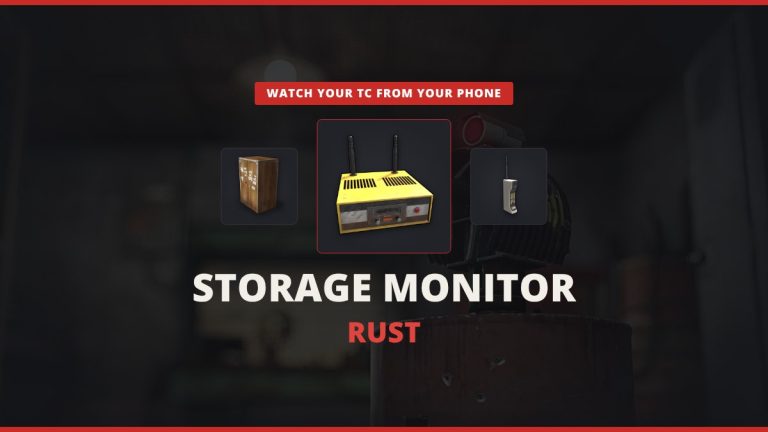 Rust storage monitor featured image: the storage monitor icon between a tool cupboard and a phone over a real Rust base interior