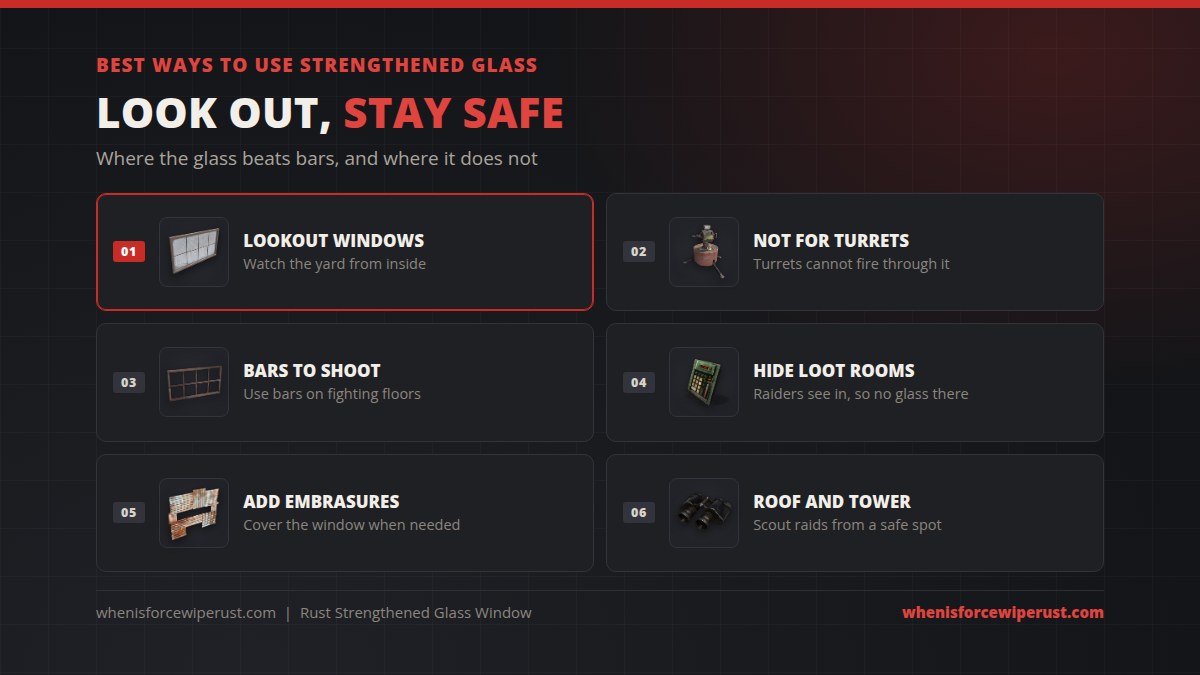 Rust strengthened glass window tips: use it for lookout windows, do not put turrets behind it, use bars on fighting floors, keep glass away from loot rooms, add embrasures, and build glass lookouts on roofs and towers