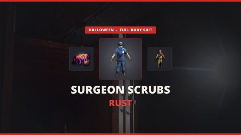 Surgeon Scrubs Rust featured image: the bloody Surgeon Scrubs suit between a Halloween Large Loot Bag and the Hazmat Suit over a dark Rust screenshot