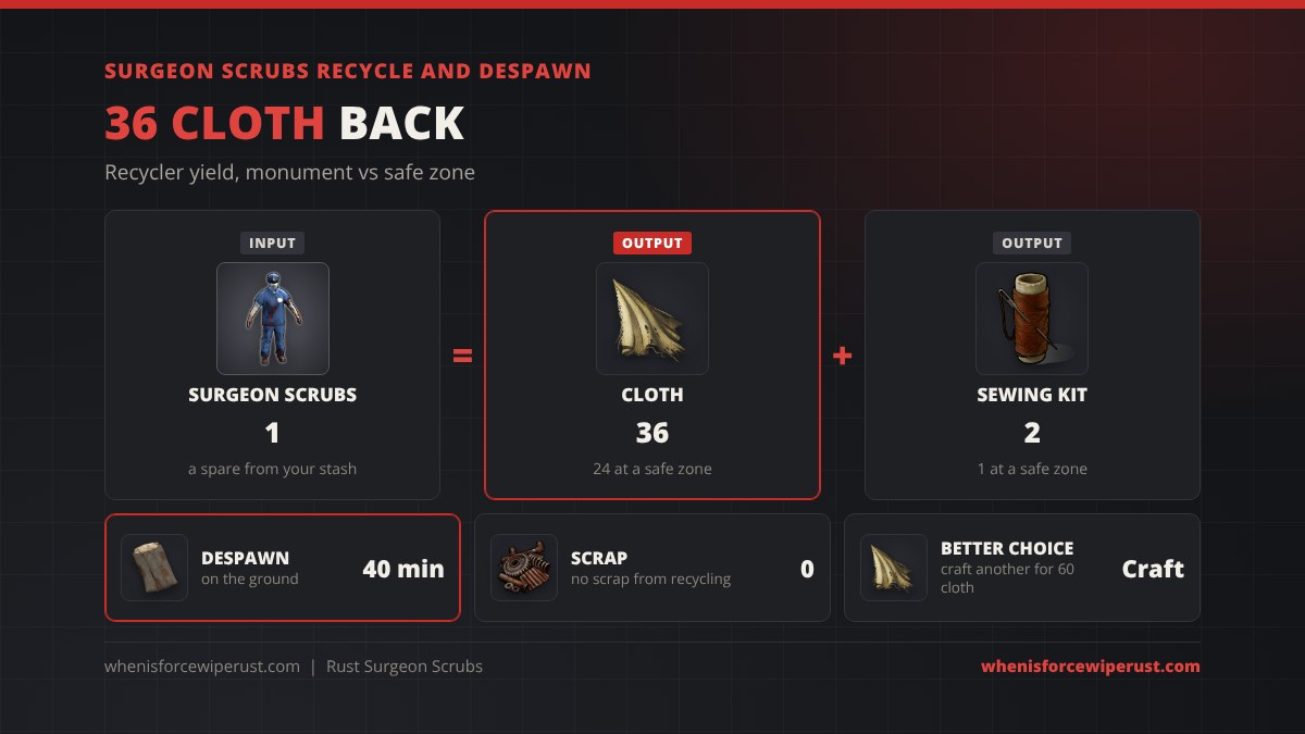 Surgeon scrubs Rust recycle yield: 36 cloth and 2 sewing kits at a monument recycler, 24 cloth and 1 sewing kit at a safe zone, no scrap, and the suit despawns after 40 minutes on the ground