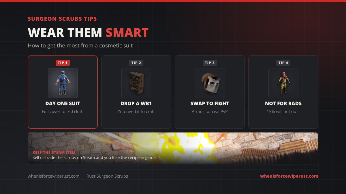 Rust surgeon scrubs tips: use them as a day one suit for full cover at 60 cloth, drop a Workbench 1 because you need it to craft them, swap to armor for real PvP, and do not use them for radiation because 15% is not enough