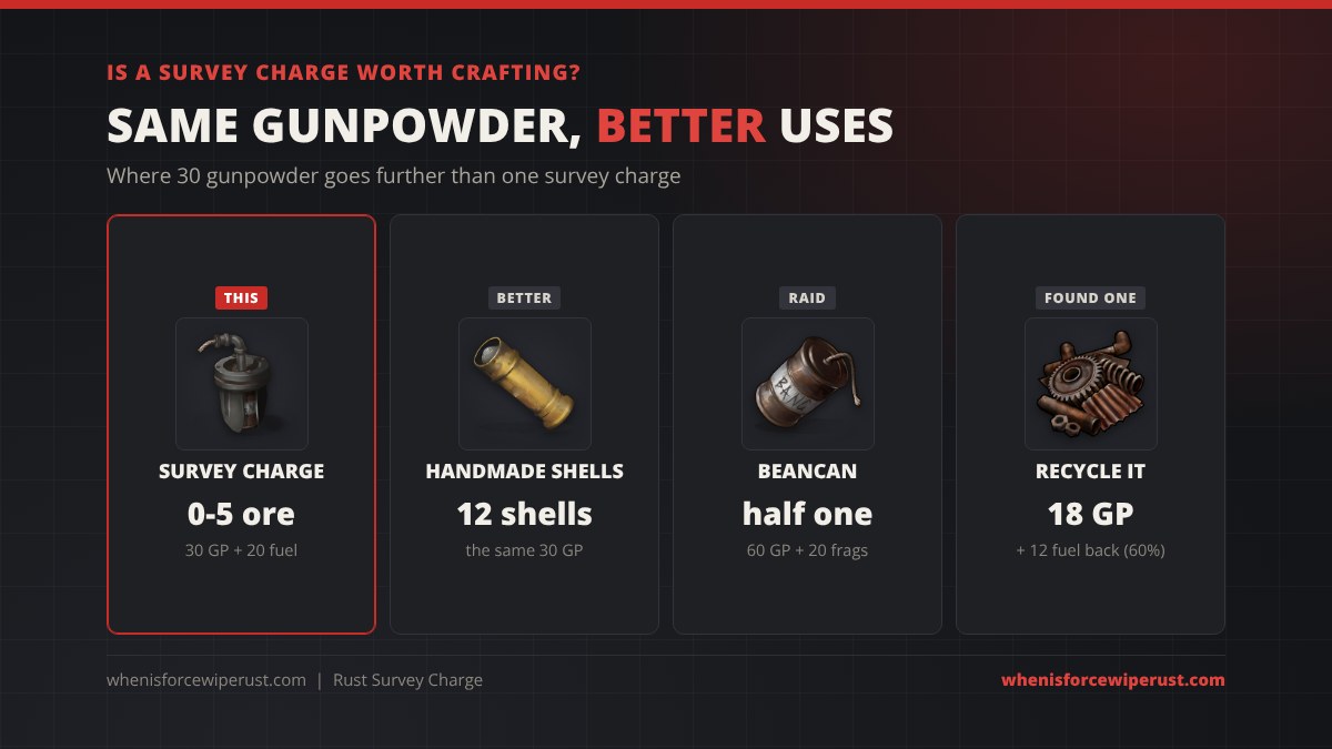 Is a Survey Charge worth crafting in Rust: one charge gives 0 to 5 ore for 30 gunpowder, the same gunpowder makes 12 handmade shells or half a beancan, and recycling one returns 18 gunpowder