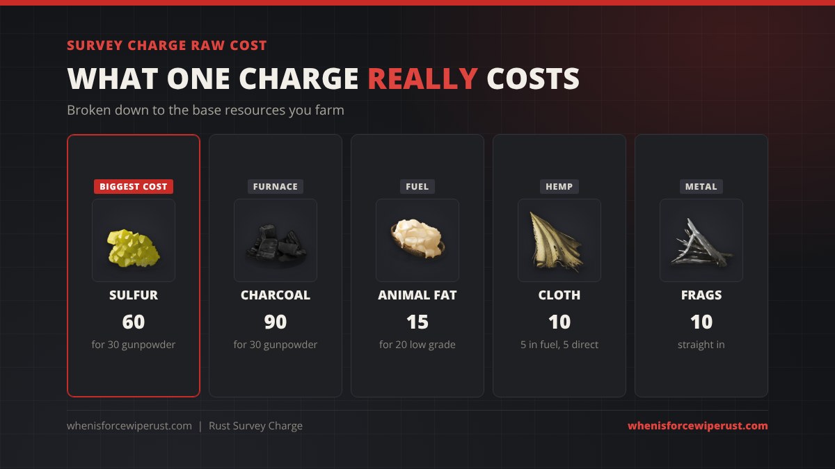 Survey Charge raw cost in Rust: 60 sulfur and 90 charcoal for the gunpowder, 15 animal fat for the low grade fuel, 10 cloth and 10 metal fragments