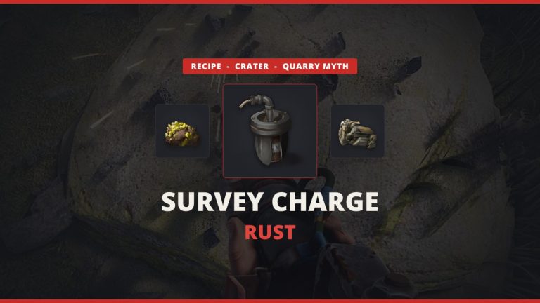Rust Survey Charge featured image: the Survey Charge between sulfur ore and metal ore over a real in-game Rust stone node