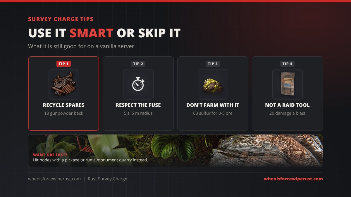 Survey Charge tips in Rust: recycle spares for 18 gunpowder, respect the 5 second fuse and 5 m radius, do not farm with it, it is not a raid tool