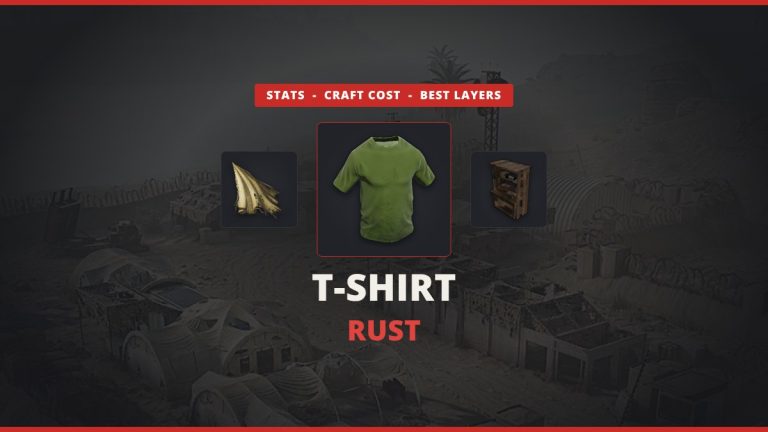 T-Shirt Rust featured image: the green Rust T-Shirt icon between cloth and a Workbench 1 over a darkened in-game Rust desert base