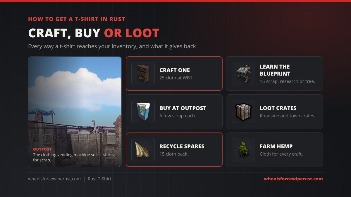 How to get a t-shirt in Rust: craft one for 25 cloth at Workbench 1, learn the blueprint for 15 scrap, buy one at the Outpost clothing vending machine for a few scrap, loot roadside and town crates, recycle spares for 15 cloth, and farm hemp for cloth