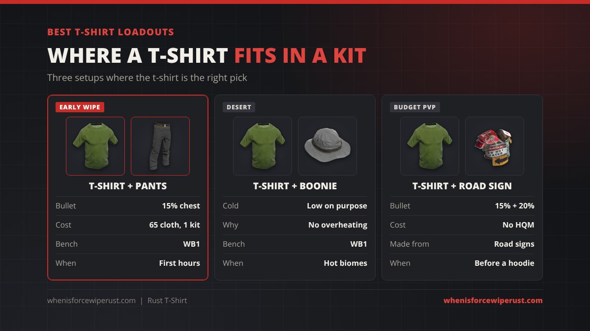 Best t-shirt loadouts in Rust: early wipe t-shirt plus pants for 65 cloth and 1 sewing kit at Workbench 1; desert t-shirt plus boonie hat for low cold so you do not overheat; budget PvP t-shirt plus Road Sign Jacket for 15% plus 20% with no HQM