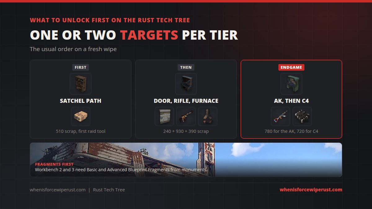 Best Rust tech tree order: Workbench 1 for satchel charges and early guns, Workbench 2 for garage doors, a semi-auto rifle and a large furnace, Workbench 3 for an AK or bolt and C4