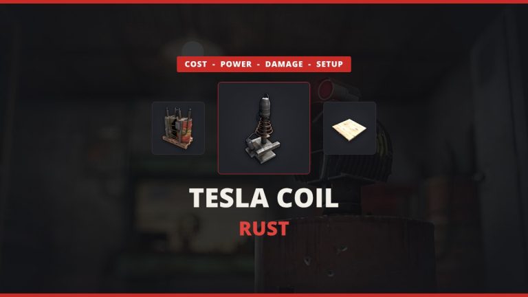 Rust tesla coil featured image: the tesla coil icon between a medium rechargeable battery and a pressure pad over a real in-game Rust base interior