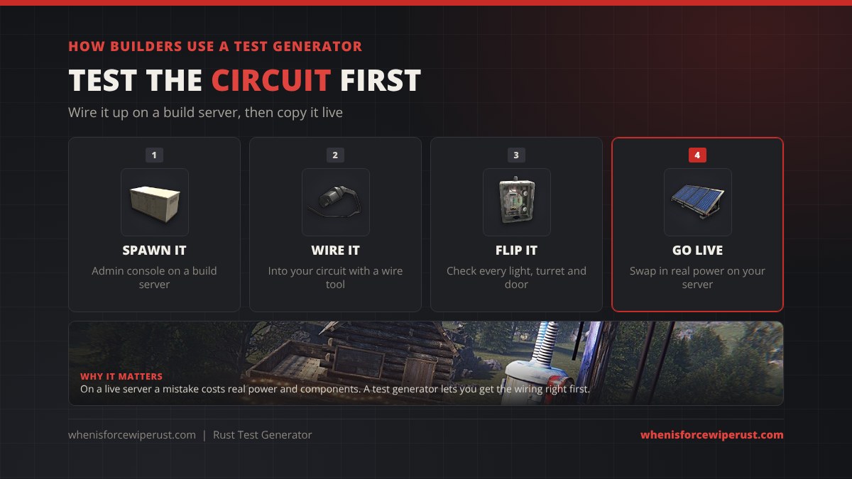 How builders use a Rust test generator: spawn it with the admin console on a build server, wire it into the circuit with a wire tool, flip the switch and check every light, turret and door, then go live and swap in real power such as solar panels