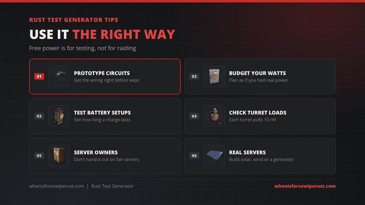Rust test generator tips: prototype circuits before wipe, budget your watts as if you had real power, test battery setups, check turret loads at 10 rW each, server owners should not hand it out on fair servers, and on real servers build solar, wind or a generator
