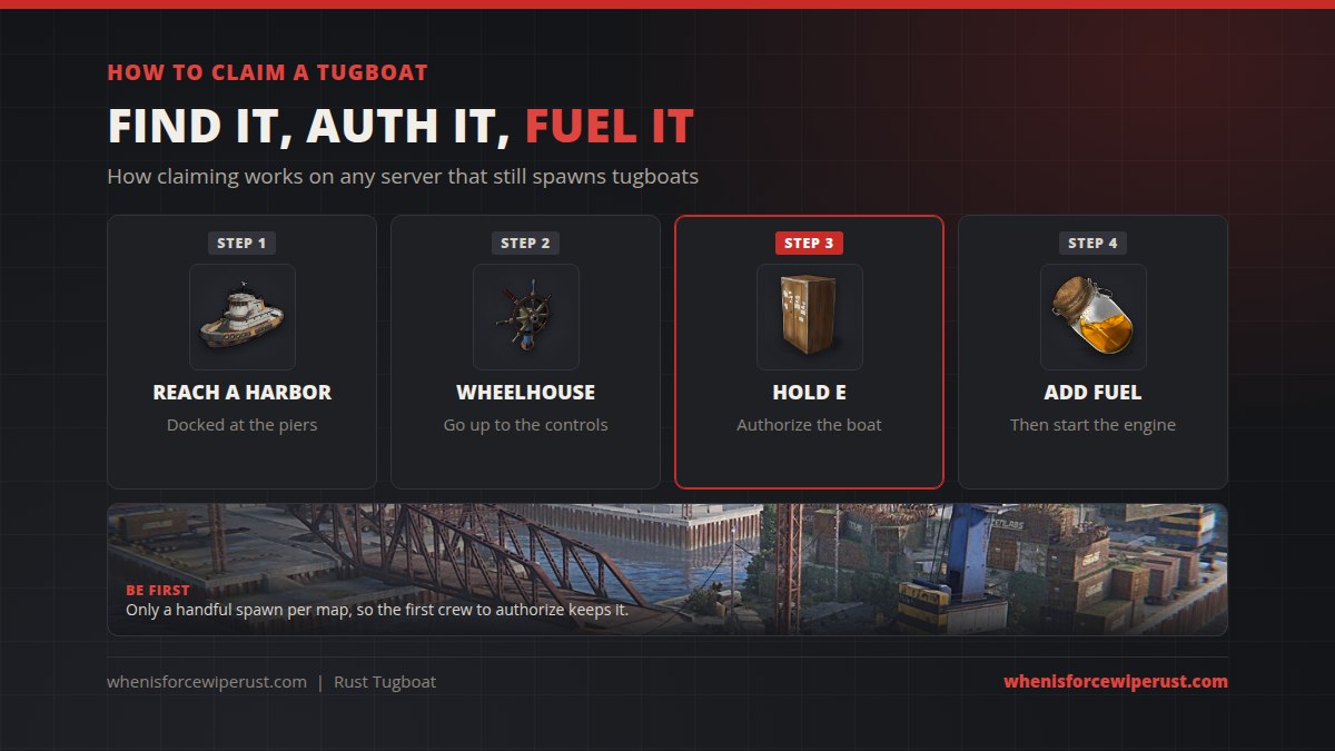 How to claim a tugboat in Rust in four steps: reach a harbor where it is docked at the piers, go up to the wheelhouse controls, hold E to authorize the boat, then add low grade fuel and start the engine