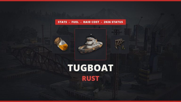Rust tugboat featured image: the tugboat icon between low grade fuel and an anchor over a real in-game Harbor monument