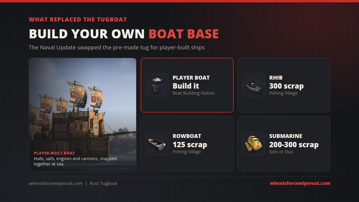 What replaced the tugboat in Rust: player-built boats from a Boat Building Station, plus the RHIB for 300 scrap, the rowboat for 125 scrap and the solo or duo submarine for 200 to 300 scrap at the Fishing Village
