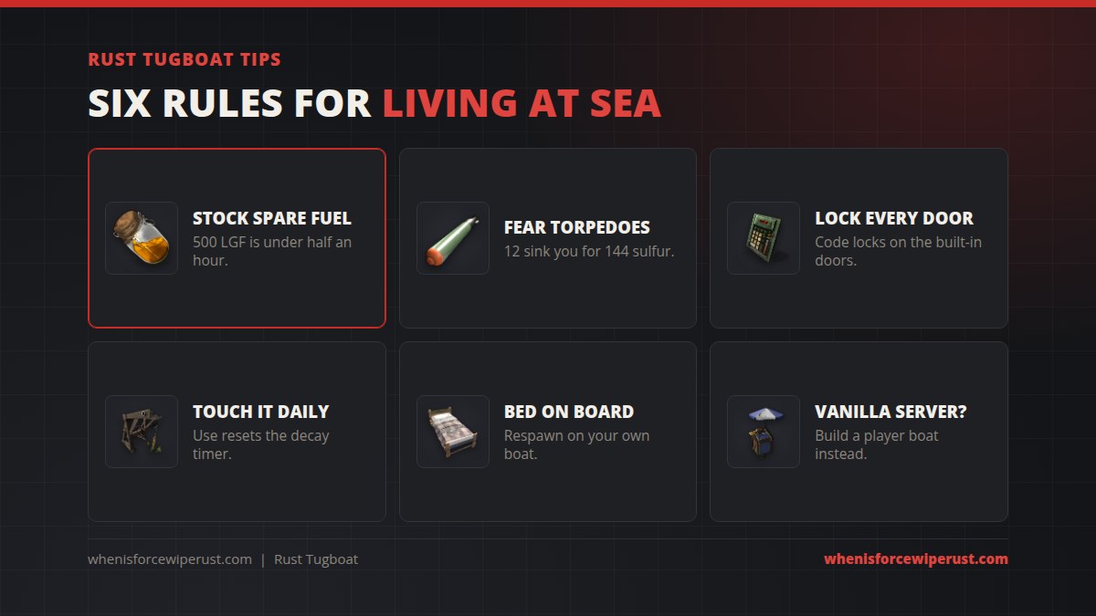 Rust tugboat tips: stock spare low grade fuel because 500 lasts under half an hour, fear torpedoes because 12 sink a tugboat, put code locks on the built-in doors, touch it daily to reset decay, keep a bed on board and build a player boat on vanilla servers