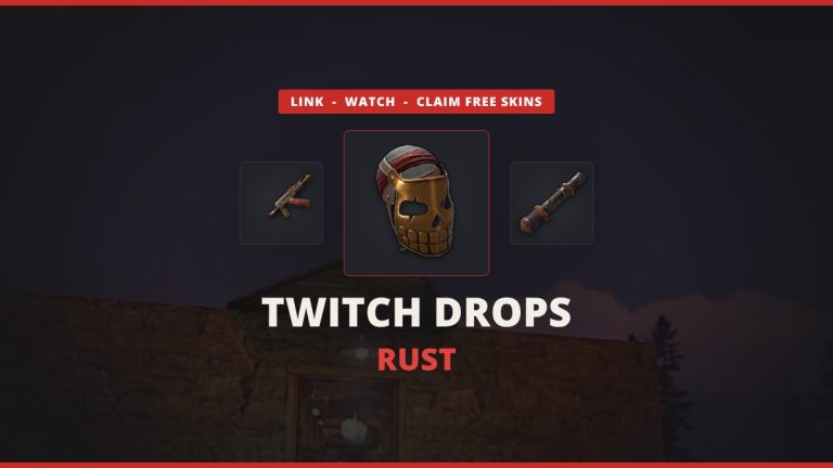 Rust Twitch drops featured image: real Rust Isles Facemask, AR and Rocket Launcher skins from Round 53 over an in-game Rust base